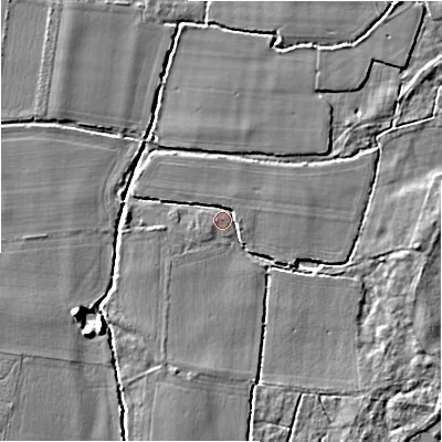 Shaded relief map of the ground around BH243BP, computed from Environment Agency LiDAR. The ground here sits at about 16 m above sea level and falls 6 m across the surrounding 800 m. Surface water reaching this point runs off ground lying to the east, 4.5 m higher.