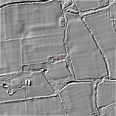 Shaded relief map of the ground around BH243BU, computed from Environment Agency LiDAR. The ground here sits at about 17 m above sea level and falls 6 m across the surrounding 800 m. Surface water reaching this point runs off ground lying to the west-north-west, 1.7 m higher.