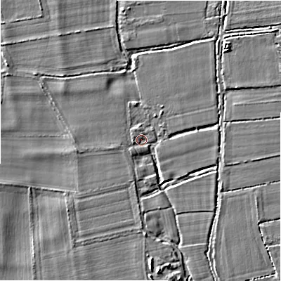 Shaded relief map of the ground around BH243BX, computed from Environment Agency LiDAR. The ground here sits at about 18 m above sea level and falls 5 m across the surrounding 800 m. Surface water reaching this point runs off ground lying to the west-south-west, 1.1 m higher.