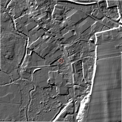Shaded relief map of the ground around BH243DL, computed from Environment Agency LiDAR. The ground here sits at about 13 m above sea level and falls 10 m across the surrounding 800 m. Surface water reaching this point runs off ground lying to the east-north-east, 7.7 m higher.