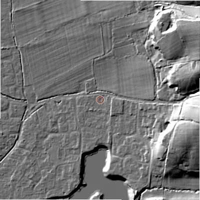 Shaded relief map of the ground around BH243DY, computed from Environment Agency LiDAR. The ground here sits at about 22 m above sea level and falls 31 m across the surrounding 800 m. Surface water reaching this point runs off ground lying to the east-north-east, 27.4 m higher.