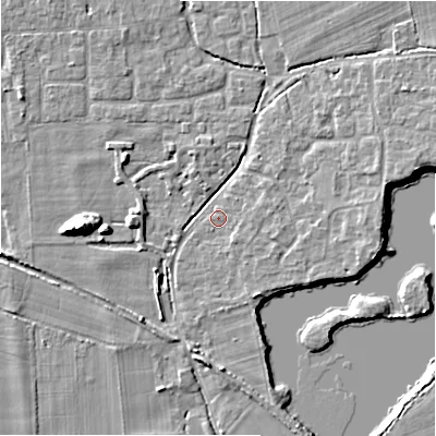 Shaded relief map of the ground around BH243DZ, computed from Environment Agency LiDAR. The ground here sits at about 20 m above sea level and falls 9 m across the surrounding 800 m. Surface water reaching this point runs off ground lying to the west, 8.1 m higher.