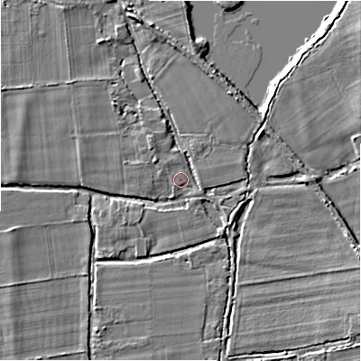 Shaded relief map of the ground around BH243EA, computed from Environment Agency LiDAR. The ground here sits at about 19 m above sea level and falls 7 m across the surrounding 800 m. Surface water reaching this point runs off ground lying to the north-north-west, 3.5 m higher.