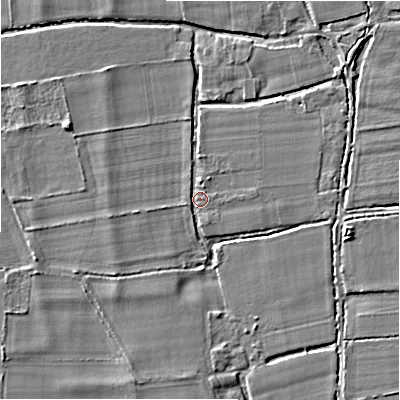 Shaded relief map of the ground around BH243EB, computed from Environment Agency LiDAR. The ground here sits at about 18 m above sea level and falls 4 m across the surrounding 800 m. Surface water reaching this point runs off ground lying to the north-east, 2.5 m higher.