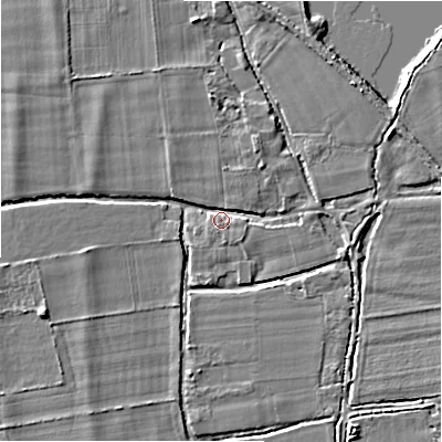 Shaded relief map of the ground around BH243ED, computed from Environment Agency LiDAR. The ground here sits at about 19 m above sea level and falls 5 m across the surrounding 800 m. Surface water reaching this point runs off ground lying to the north-east, 3.5 m higher.