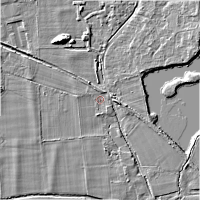 Shaded relief map of the ground around BH243EE, computed from Environment Agency LiDAR. The ground here sits at about 19 m above sea level and falls 9 m across the surrounding 800 m. Surface water reaching this point runs off ground lying to the north-west, 1.9 m higher.
