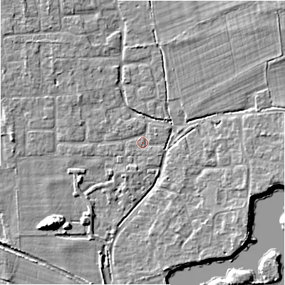 Shaded relief map of the ground around BH243EG, computed from Environment Agency LiDAR. The ground here sits at about 20 m above sea level and falls 9 m across the surrounding 800 m. Surface water reaching this point runs off ground lying to the south-south-west, 1.2 m higher.