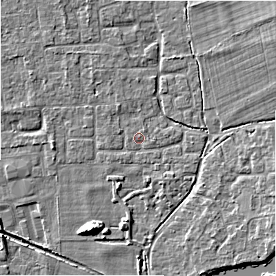 Shaded relief map of the ground around BH243EH, computed from Environment Agency LiDAR. The ground here sits at about 20 m above sea level and falls 9 m across the surrounding 800 m. Surface water reaching this point runs off ground lying to the west-north-west, 0.9 m higher.