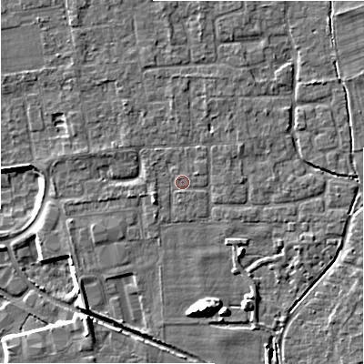 Shaded relief map of the ground around BH243EJ, computed from Environment Agency LiDAR. The ground here sits at about 20 m above sea level and falls 10 m across the surrounding 800 m. Surface water reaching this point runs off ground lying to the north-north-west, 1.4 m higher.
