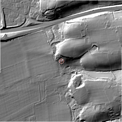 Shaded relief map of the ground around BH243EL, computed from Environment Agency LiDAR. The ground here sits at about 35 m above sea level and falls 37 m across the surrounding 800 m. Surface water reaching this point runs off ground lying to the north-north-east, 13.0 m higher.