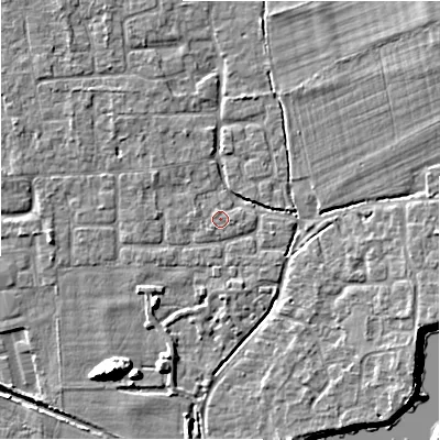 Shaded relief map of the ground around BH243EP, computed from Environment Agency LiDAR. The ground here sits at about 20 m above sea level and falls 9 m across the surrounding 800 m. Surface water reaching this point runs off ground lying to the south-west, 0.7 m higher.