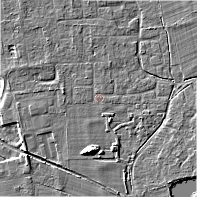Shaded relief map of the ground around BH243EQ, computed from Environment Agency LiDAR. The ground here sits at about 20 m above sea level and falls 10 m across the surrounding 800 m. Surface water reaching this point runs off ground lying to the north, 0.9 m higher.