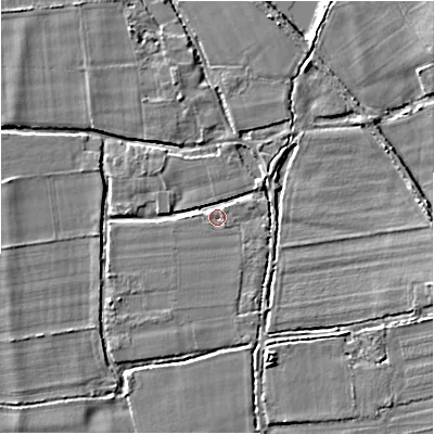 Shaded relief map of the ground around BH243EY, computed from Environment Agency LiDAR. The ground here sits at about 19 m above sea level and falls 6 m across the surrounding 800 m. Surface water reaching this point runs off ground lying to the north-east, 2.1 m higher.