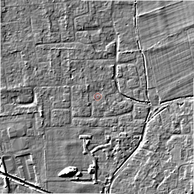 Shaded relief map of the ground around BH243FD, computed from Environment Agency LiDAR. The ground here sits at about 20 m above sea level and falls 9 m across the surrounding 800 m. Surface water reaching this point runs off ground lying to the north-west, 1.1 m higher.