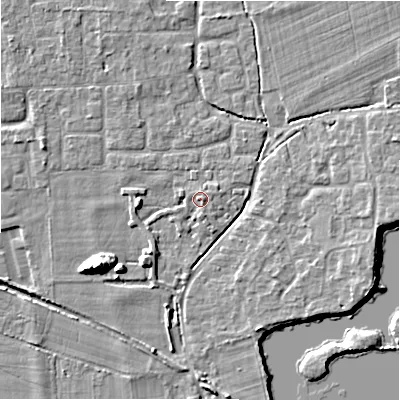 Shaded relief map of the ground around BH243FJ, computed from Environment Agency LiDAR. The ground here sits at about 21 m above sea level and falls 9 m across the surrounding 800 m. Surface water reaching this point runs off ground lying to the west, 2.8 m higher.
