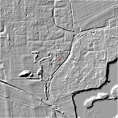 Shaded relief map of the ground around BH243FL, computed from Environment Agency LiDAR. The ground here sits at about 20 m above sea level and falls 9 m across the surrounding 800 m. Surface water reaching this point runs off ground lying to the north, 0.9 m higher.