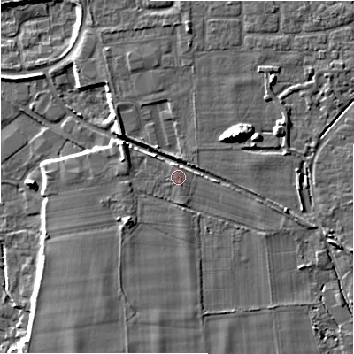 Shaded relief map of the ground around BH243FP, computed from Environment Agency LiDAR. The ground here sits at about 20 m above sea level and falls 13 m across the surrounding 800 m. The ground contributing surface water to this point lies to the north-east.