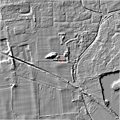 Shaded relief map of the ground around BH243FQ, computed from Environment Agency LiDAR. The ground here sits at about 20 m above sea level and falls 10 m across the surrounding 800 m. Surface water reaching this point runs off ground lying to the west-north-west, 8.1 m higher.