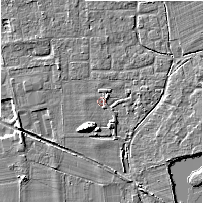Shaded relief map of the ground around BH243FR, computed from Environment Agency LiDAR. The ground here sits at about 20 m above sea level and falls 10 m across the surrounding 800 m. Surface water reaching this point runs off ground lying to the south-south-west, 8.1 m higher.