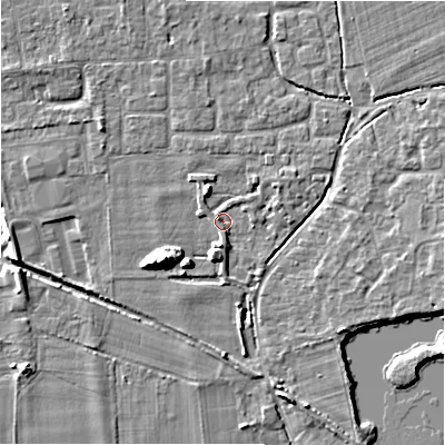 Shaded relief map of the ground around BH243FS, computed from Environment Agency LiDAR. The ground here sits at about 20 m above sea level and falls 10 m across the surrounding 800 m. Surface water reaching this point runs off ground lying to the west-south-west, 8.1 m higher.