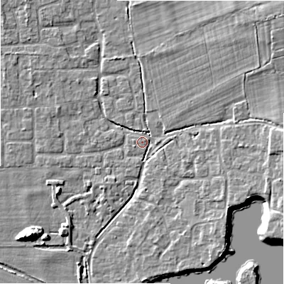 Shaded relief map of the ground around BH243FU, computed from Environment Agency LiDAR. The ground here sits at about 20 m above sea level and falls 10 m across the surrounding 800 m. Surface water reaching this point runs off ground lying to the north-east, 8.6 m higher.