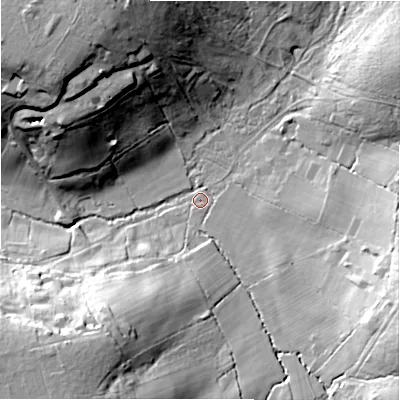 Shaded relief map of the ground around BH243HX, computed from Environment Agency LiDAR. The ground here sits at about 34 m above sea level and falls 35 m across the surrounding 800 m. Surface water reaching this point runs off ground lying to the south-west, 33.1 m higher.