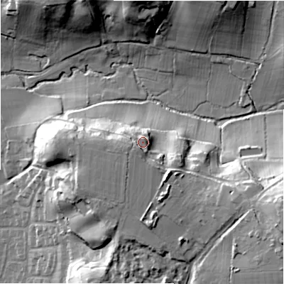 Shaded relief map of the ground around BH243JX, computed from Environment Agency LiDAR. The ground here sits at about 46 m above sea level and falls 37 m across the surrounding 800 m. Surface water reaching this point runs off ground lying to the south-south-west, 6.8 m higher.