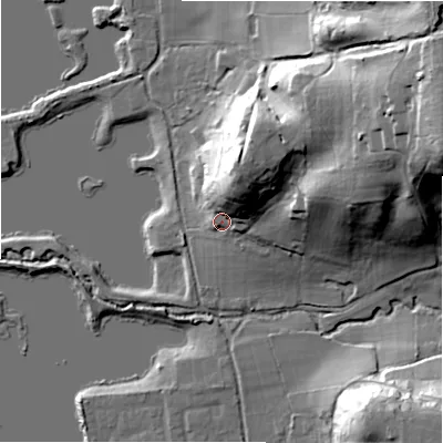 Shaded relief map of the ground around BH243LD, computed from Environment Agency LiDAR. The ground here sits at about 31 m above sea level and falls 42 m across the surrounding 800 m. Surface water reaching this point runs off ground lying to the north-north-east, 17.0 m higher.