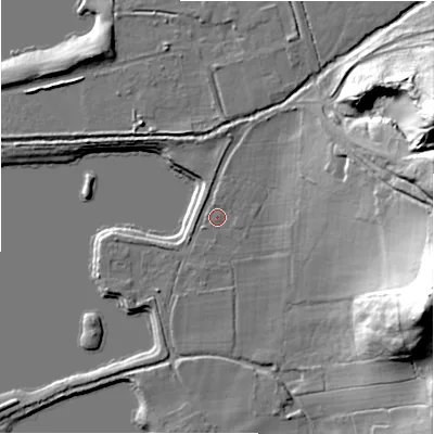 Shaded relief map of the ground around BH243NA, computed from Environment Agency LiDAR. The ground here sits at about 26 m above sea level and falls 41 m across the surrounding 800 m. Surface water reaching this point runs off ground lying to the north-north-east, 1.9 m higher.