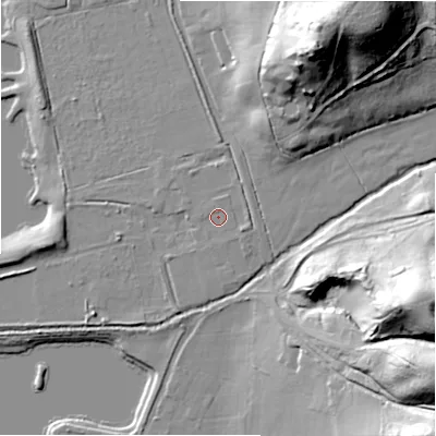 Shaded relief map of the ground around BH243NF, computed from Environment Agency LiDAR. The ground here sits at about 27 m above sea level and falls 44 m across the surrounding 800 m. The ground contributing surface water to this point lies to the south-south-east.