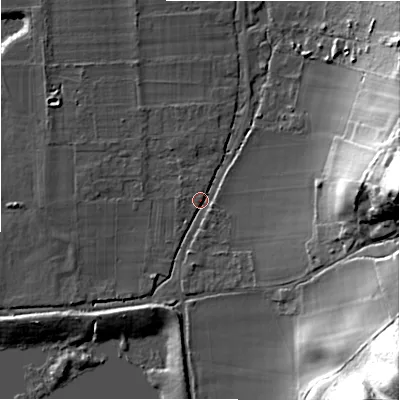 Shaded relief map of the ground around BH243NH, computed from Environment Agency LiDAR. The ground here sits at about 26 m above sea level and falls 44 m across the surrounding 800 m. Surface water reaching this point runs off ground lying to the east, 34.6 m higher.