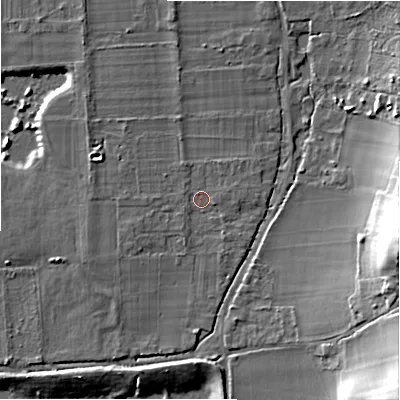 Shaded relief map of the ground around BH243NJ, computed from Environment Agency LiDAR. The ground here sits at about 25 m above sea level and falls 19 m across the surrounding 800 m. Surface water reaching this point runs off ground lying to the north, 1.6 m higher.