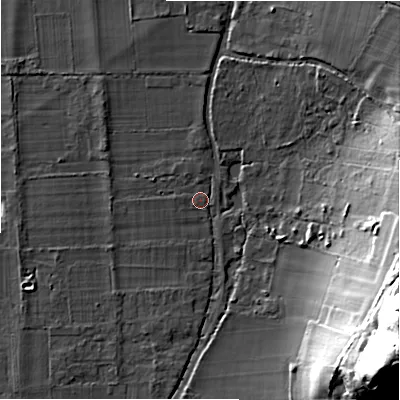 Shaded relief map of the ground around BH243NL, computed from Environment Agency LiDAR. The ground here sits at about 26 m above sea level and falls 42 m across the surrounding 800 m. Surface water reaching this point runs off ground lying to the north-north-west, 0.9 m higher.