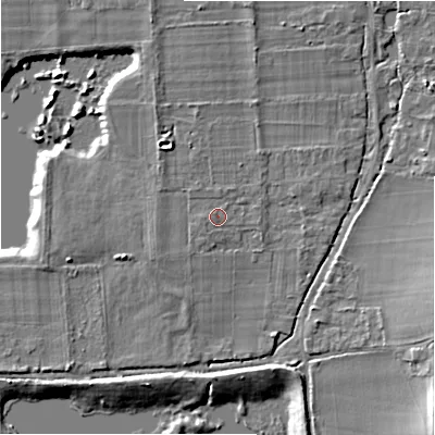Shaded relief map of the ground around BH243NR, computed from Environment Agency LiDAR. The ground here sits at about 26 m above sea level and falls 9 m across the surrounding 800 m. Surface water reaching this point runs off ground lying to the west-north-west, 0.6 m higher.