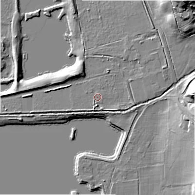 Shaded relief map of the ground around BH243NU, computed from Environment Agency LiDAR. The ground here sits at about 26 m above sea level and falls 27 m across the surrounding 800 m. Surface water reaching this point runs off ground lying to the east-north-east, 2.2 m higher.