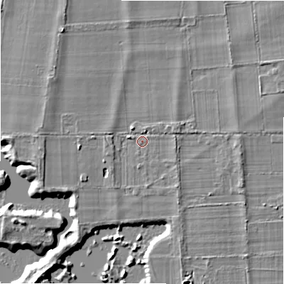 Shaded relief map of the ground around BH243NW, computed from Environment Agency LiDAR. The ground here sits at about 26 m above sea level and falls 6 m across the surrounding 800 m. Surface water reaching this point runs off ground lying to the east-north-east, 1.4 m higher.