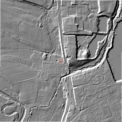 Shaded relief map of the ground around BH243PA, computed from Environment Agency LiDAR. The ground here sits at about 18 m above sea level and falls 10 m across the surrounding 800 m. Surface water reaching this point runs off ground lying to the north-east, 2.0 m higher.