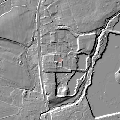 Shaded relief map of the ground around BH243PB, computed from Environment Agency LiDAR. The ground here sits at about 21 m above sea level and falls 9 m across the surrounding 800 m. Surface water reaching this point runs off ground lying to the south-west, 2.4 m higher.