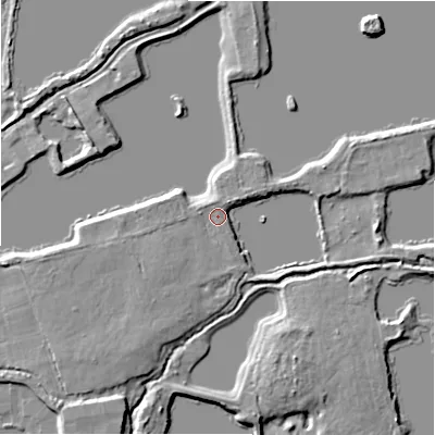 Shaded relief map of the ground around BH243PG, computed from Environment Agency LiDAR. The ground here sits at about 23 m above sea level and falls 8 m across the surrounding 800 m. Surface water reaching this point runs off ground lying to the south-west, 2.8 m higher.