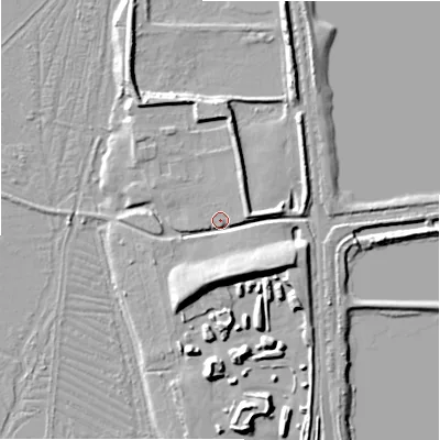 Shaded relief map of the ground around BH243PJ, computed from Environment Agency LiDAR. The ground here sits at about 23 m above sea level and falls 12 m across the surrounding 800 m. Surface water reaching this point runs off ground lying to the south-east, 9.3 m higher.