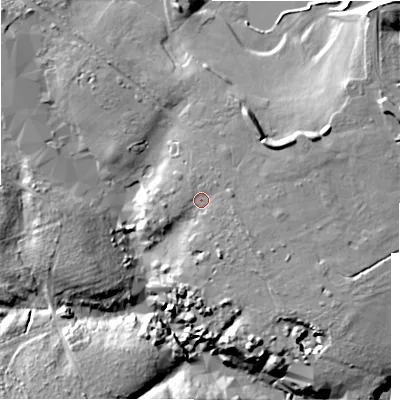 Shaded relief map of the ground around BH243PL, computed from Environment Agency LiDAR. The ground here sits at about 45 m above sea level and falls 19 m across the surrounding 800 m. Surface water reaching this point runs off ground lying to the south-east, 2.1 m higher.