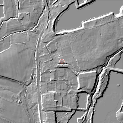 Shaded relief map of the ground around BH243PQ, computed from Environment Agency LiDAR. The ground here sits at about 22 m above sea level and falls 9 m across the surrounding 800 m. Surface water reaching this point runs off ground lying to the south-east, 3.2 m higher.