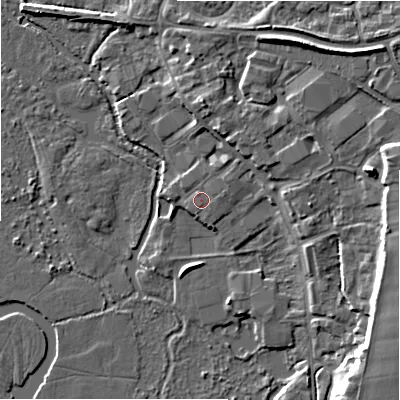 Shaded relief map of the ground around BH243SB, computed from Environment Agency LiDAR. The ground here sits at about 14 m above sea level and falls 8 m across the surrounding 800 m. Surface water reaching this point runs off ground lying to the north-north-east, 2.8 m higher.