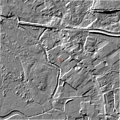 Shaded relief map of the ground around BH243SG, computed from Environment Agency LiDAR. The ground here sits at about 14 m above sea level and falls 9 m across the surrounding 800 m. Surface water reaching this point runs off ground lying to the north-east, 4.2 m higher.
