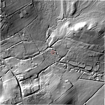 Shaded relief map of the ground around BH244DE, computed from Environment Agency LiDAR. The ground here sits at about 52 m above sea level and falls 32 m across the surrounding 800 m. Surface water reaching this point runs off ground lying to the south-west, 26.2 m higher.
