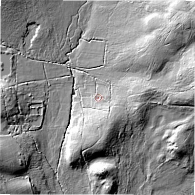 Shaded relief map of the ground around BH244DF, computed from Environment Agency LiDAR. The ground here sits at about 61 m above sea level and falls 26 m across the surrounding 800 m. Surface water reaching this point runs off ground lying to the south-south-east, 7.6 m higher.