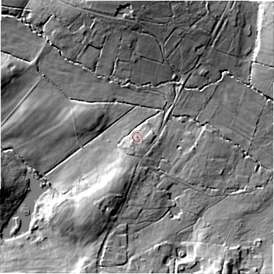 Shaded relief map of the ground around BH244DH, computed from Environment Agency LiDAR. The ground here sits at about 46 m above sea level and falls 15 m across the surrounding 800 m. Surface water reaching this point runs off ground lying to the south-south-west, 4.1 m higher.