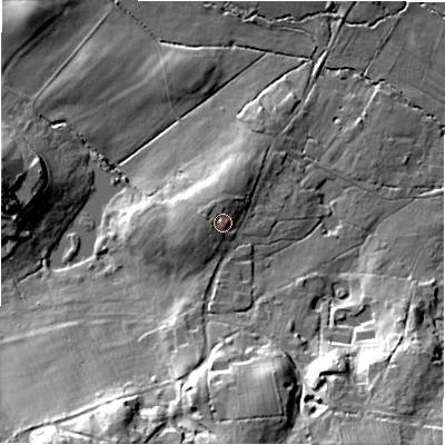 Shaded relief map of the ground around BH244DJ, computed from Environment Agency LiDAR. The ground here sits at about 54 m above sea level and falls 27 m across the surrounding 800 m. Surface water reaching this point runs off ground lying to the west-north-west, 3.0 m higher.