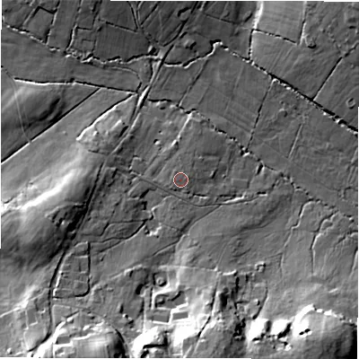 Shaded relief map of the ground around BH244DL, computed from Environment Agency LiDAR. The ground here sits at about 46 m above sea level and falls 25 m across the surrounding 800 m. Surface water reaching this point runs off ground lying to the south-west, 0.7 m higher.