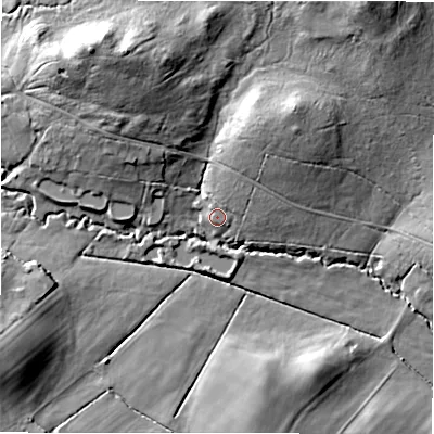 Shaded relief map of the ground around BH244DQ, computed from Environment Agency LiDAR. The ground here sits at about 50 m above sea level and falls 20 m across the surrounding 800 m. Surface water reaching this point runs off ground lying to the north-north-east, 2.4 m higher.